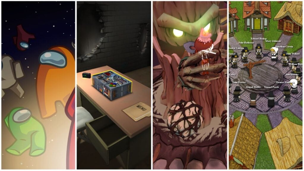 Feature image for our article on best Android party games. It shows Among Us characters, a bomb from Keep Talking And Nobody Explodes, the tree from Acron: Attack Of The Squirrels and the townsfolk from Town Of Salem.