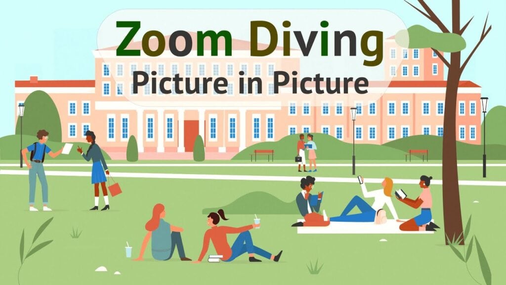 featured image for our news on Zoom Diving: Picture Chain. It shows a campus lawn full of students.
